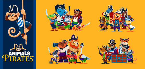 Fototapeta premium Cartoon Caribbean animal pirate and corsair characters. Nautical ship crew personages as swinging monkey, sword bearing crocodile, sailor hippo and smiling lion, bear, owl, mouse, crab and seabird