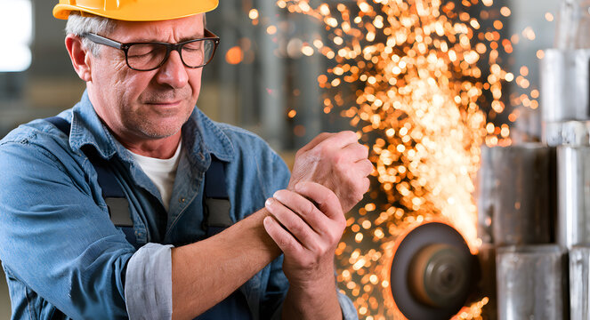 A factory worker in a hard hat, holding a wrist injured by metal grinding sparks, is depicted for workers compensation claims and workplace accidents.
