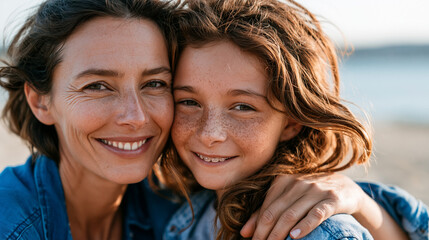 Fototapeta premium A wide shot of a cheerful mother and daughter enjoying softly a calm bright beach together beach duo open faces european bright outdoors daylight workspace full scene