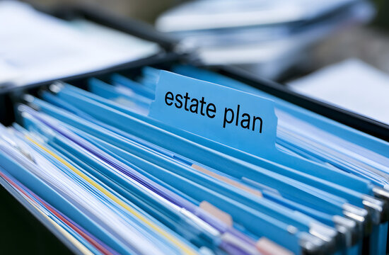 A close-up view of the blue tab on a file folder labeled 'estate plan' in an office filing cabinet. Documents help manage personal wealth and future inheritance. Safeguard financial records for safe s