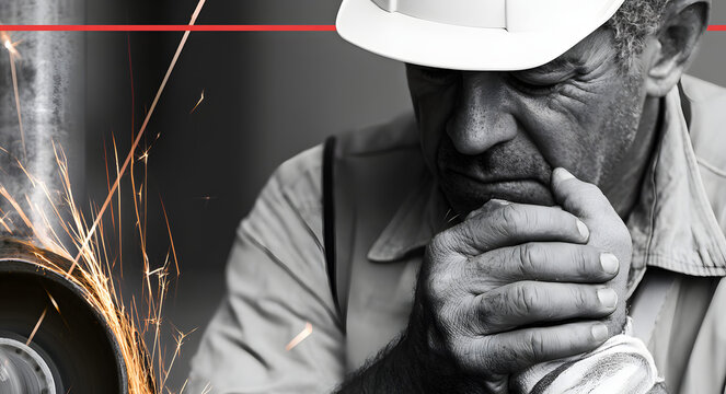Factory worker in hard hat holding an injured wrist next to metal grinding sparks, representing workers compensation, work injury, and workplace accident claim.