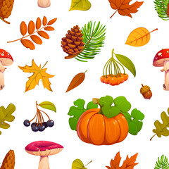 Autumn fall season leaves, mushrooms, berry and acorn seamless pattern. Wrapping paper vector background, seamless print. Repeated details pattern with autumn pumpkin, fungi, tree berries and leaves © Vector Tradition