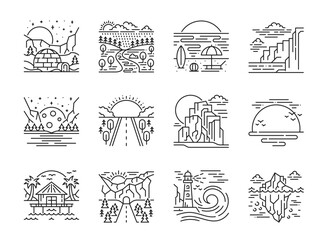 Fototapeta premium Landscape vector line icons of scenery nature views. Mountain lake at night, summer beach sunset and tropical island house, road tunnel, sea wave, lighthouse and fjord nature landscape outline icons