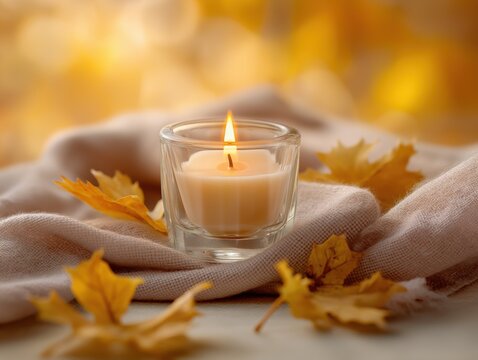 Lit candle in a glass holder surrounded by fall leaves and a soft fabric cloth for autumn vibes