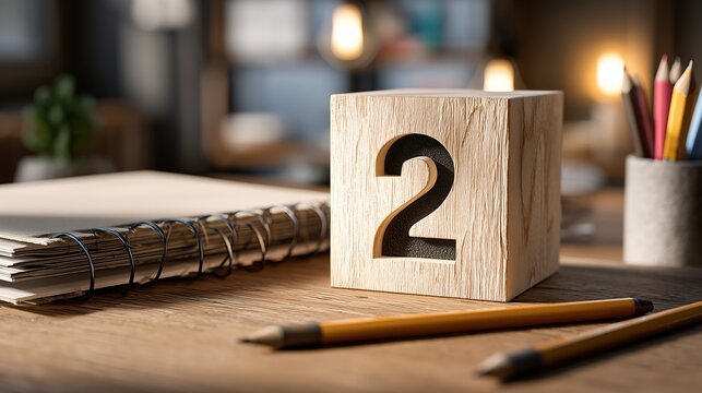 Wooden number two block beside a notebook and pencils on a study desk, representing education, learning, counting skills, and academic development.