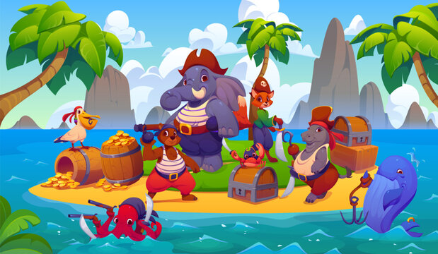 Cartoon animal pirate and corsair characters on treasure island in cute captain and corsair costumes with hats, hook and swords. Funny octopus, whale, crab and hippo, elephant and fox animal pirates