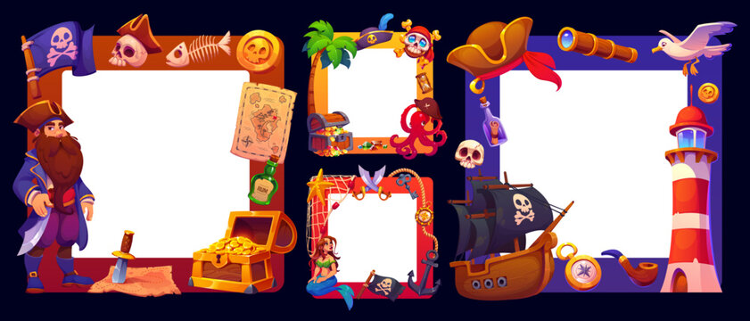 Kids party or holiday photo frames with pirate and corsair characters. Cartoon pirate captain, black sail ship, treasure chest and map, cute mermaid and octopus, rum and compass kids photo frames