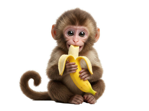 Adorable monkey sitting and eating a ripe yellow banana on white background