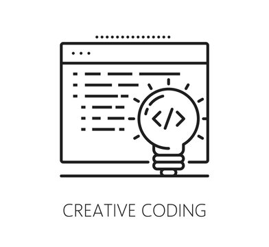 Software creative coding program code line icon. Computer science programing lineart symbol, application startup icon. Software code engineering sign