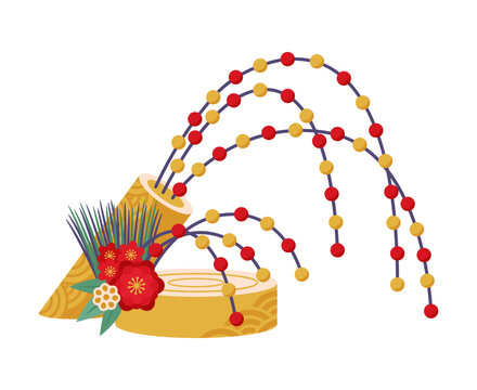 Traditional Japanese New Year kadomatsu decoration icon with cut bamboo logs, pine needles, red plum blossoms and red and gold bead branches on wooden base. Holiday ornament for celebration prosperity