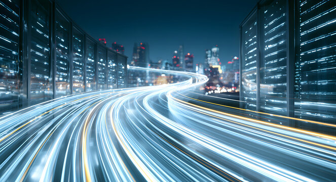 A cutting-edge data bridge links server arrays with flickering light corridors, symbolizing rapid digital exchanges across a lively urban landscape