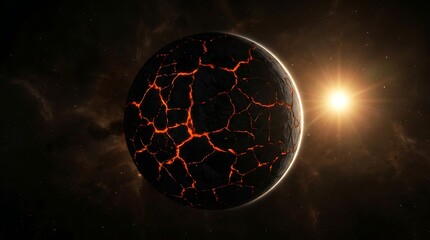 Fototapeta premium Fiery planet surface with glowing magma cracks floating in deep dark space near bright distant star in galaxy landscape featuring volcanic terrain textured with molten rivers and dust.