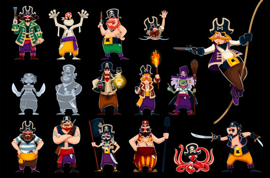 Cartoon corsair and pirate sailors, gunner, captain and boatswain, ghost skipper and mummy characters. Funny pirate ship crew vector characters with black hats, patches and skull flag, guns and swords
