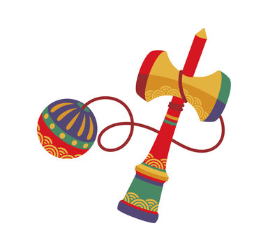 Traditional Japanese kendama toy icon, New Year lucky mallet with decorative wave patterns and attached ball connected by string. Asian symbol of holiday celebration, Japan tradition and good fortune