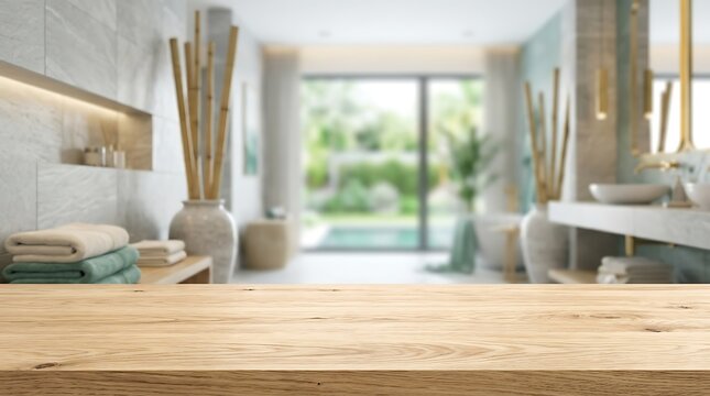 Wooden table top surface for product placement with blurred luxury spa bathroom interior and outdoor garden view.