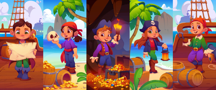 Cartoon kids pirates and corsair sailors characters collage. Cute boy and girl pirates on treasure island and sail ship deck. Funny kids corsair captain and sailors with treasure map, chests and gold