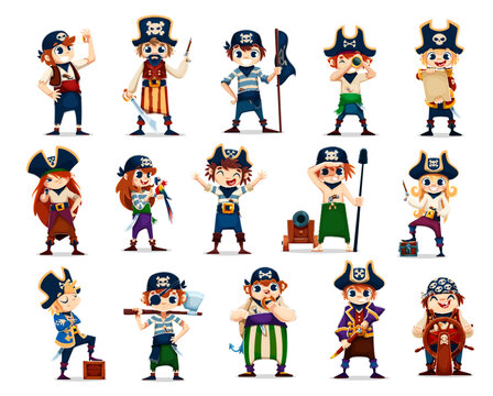 Cartoon kid corsair and pirate fighters, captain, boatswain, skipper and sailor funny characters. Vector cute pirate boys and girls, kid corsairs characters in costumes with treasure map, chest, sword