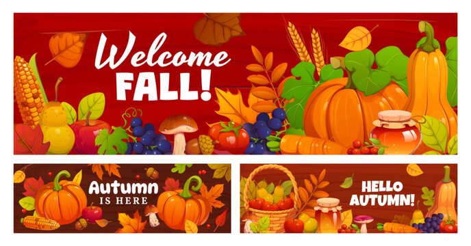 Autumn season banner celebrating fall harvest and seasonal rustic abundance with pumpkins, squash, corn, apples and grapes mushrooms honey jar and woven basket among wheat stalks and falling leaves