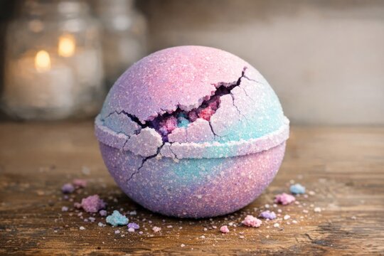A colorful bath bomb sits on a wooden table, ready for use
