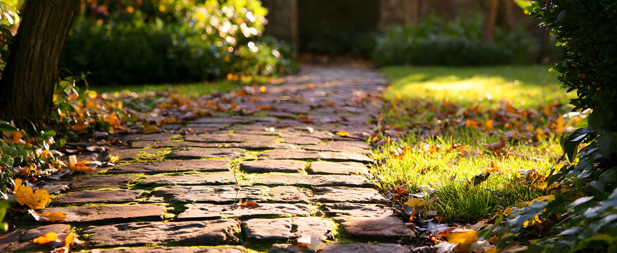 A captivating European garden pathway adorned with rustic bricks and a display of radiant autumn foliage bathed in gentle sunlight.