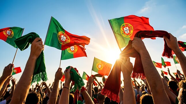 Thousands of Portuguese fans celebrate victory holding national flags high in stadium celebrating sporting success wearing team colors scarves showing patriotic pride under bright sunny sky.