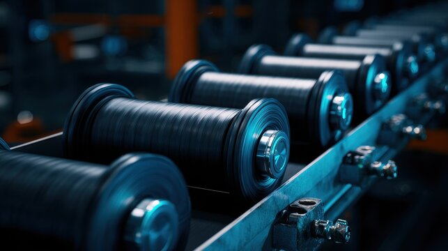Close up of a high tech assembly line with black cylindrical rollers under bright blue illumination.