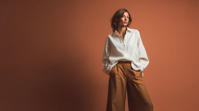Elegant woman wearing relaxed ivory linen shirt and wide leg trousers, muted terracotta background, modern minimalist fashion aesthetic, ultra