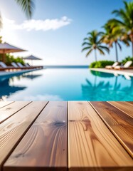 Fototapeta premium Tropical infinity pool with palm trees and ocean view.