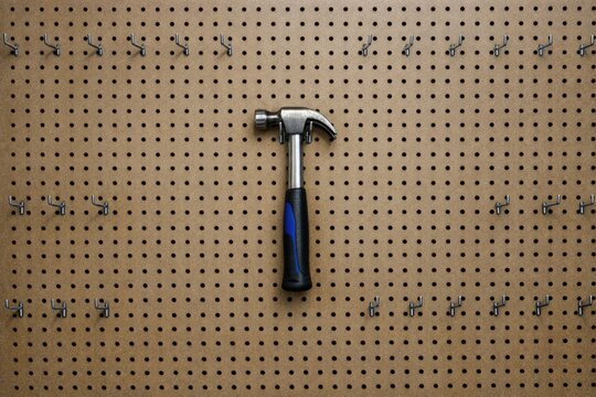 A hammer stuck into a pegboard with screws for organization and storage