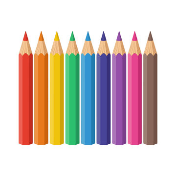 A row of colorful pencils stands upright on a white background