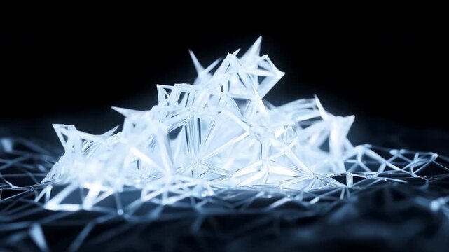 Illuminated crystalline network emerging into raised triangular mound over dark polygonal plane in