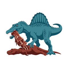 Fototapeta premium A Cartoon Spinosaurus bites a brown dinosaur in a colorful duel