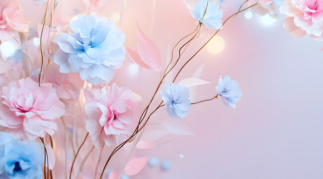 A soft pink and blue floral backdrop in spring, adorned with delicate paper flowers and gentle rays of sunlight, creating an elegant scene