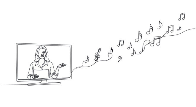Continuous line drawing of a woman singing on television