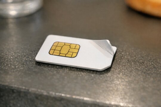 A sim card sitting on top of a counter with a flat surface and a backwall