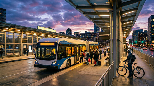 Modern bus terminal with passengers boarding at twilight in the city