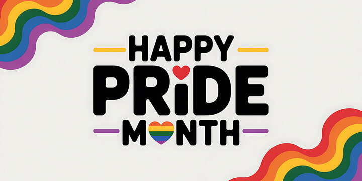 Happy pride month greeting with rainbow colors and heart symbols on white background