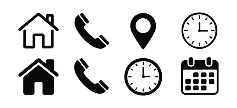 Contact Navigation Interface Icons Featuring Phone Receiver, Home, Location Pin, Clock, and Calendar Symbols