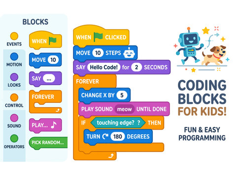 Colorful coding blocks for kids educational programming interface with playful robot illustration.