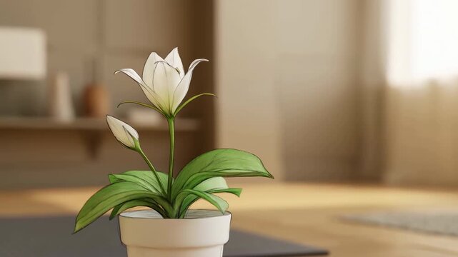 Time-lapse of white lily bud opening into full bloom on living room table under warm window light