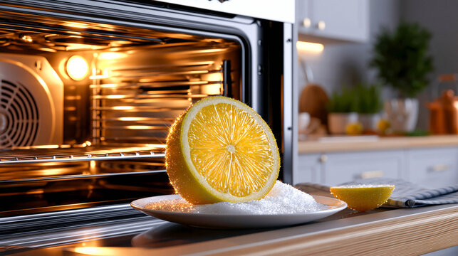 A half fresh lemon sprinkled with coarse salt/baking soda is placed on a plate in front of an open oven in a modern kitchen, a natural way to clean the oven and promote eco-friendly cleaning.