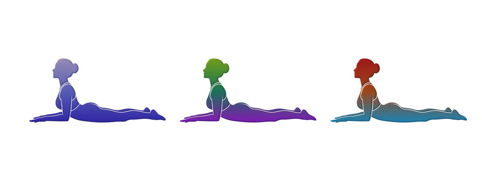 Three colorful silhouettes of a woman doing yoga cobra pose