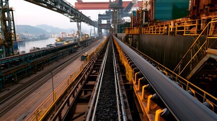 Naklejka premium A massive industrial shipyard features moving conveyor belts across the sprawling complex showcasing large scale manufacturing infrastructure