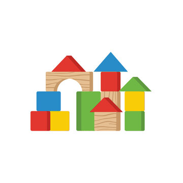 Colorful wooden building blocks stacked into a toy castle