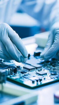 With gloved hands, assembly line workers meticulously install electronic components in a state-of-the-art manufacturing facility.