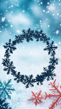 A collection of snowflakes forming a circle against a winter sky background with falling snowflakes.