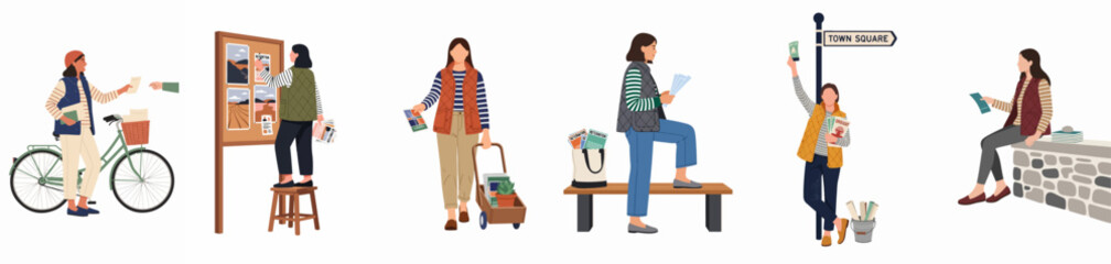 Diverse women engaged in community outreach, distributing flyers, pinning posters, and sharing information in a flat vector illustration style. © Nurdayatt