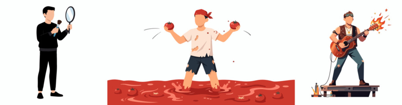 Funny cartoon characters in absurd tomato-themed scenarios