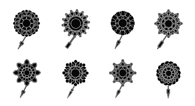 Abstract Black Mandala Flower with Ornate Petals and Geometric Center