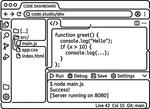 A sketch style representation of an integrated web based code development dashboard interface.